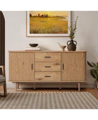 Oak Finish MDF Wood 3-Drawer Sideboard Cabinet with Sliding Doors & Rounded Corners