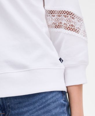 Women's Pleated Lace-Trim 3/4-Sleeve Sweatshirt