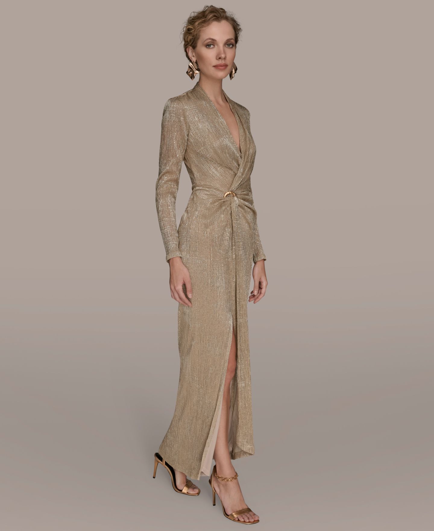 Женское платье Donna Karan New York V-Neck Draped Gown, цвет: Золотой — фото 3