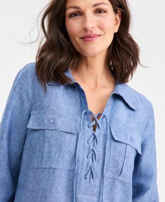 Women's 100% Linen Lace-Up 3/4-Sleeve Utility Dress, Macy's Exclusive