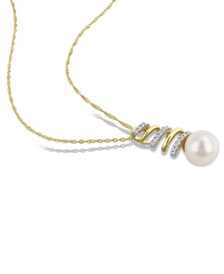 Cultured Freshwater Pearl (8mm) & Diamond (1/10 ct. t.w.) Spiral 17" Pendant Necklace in 10k Gold