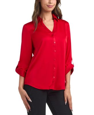 Women's Stretch Satin Button-Up 3/4-Sleeve Top