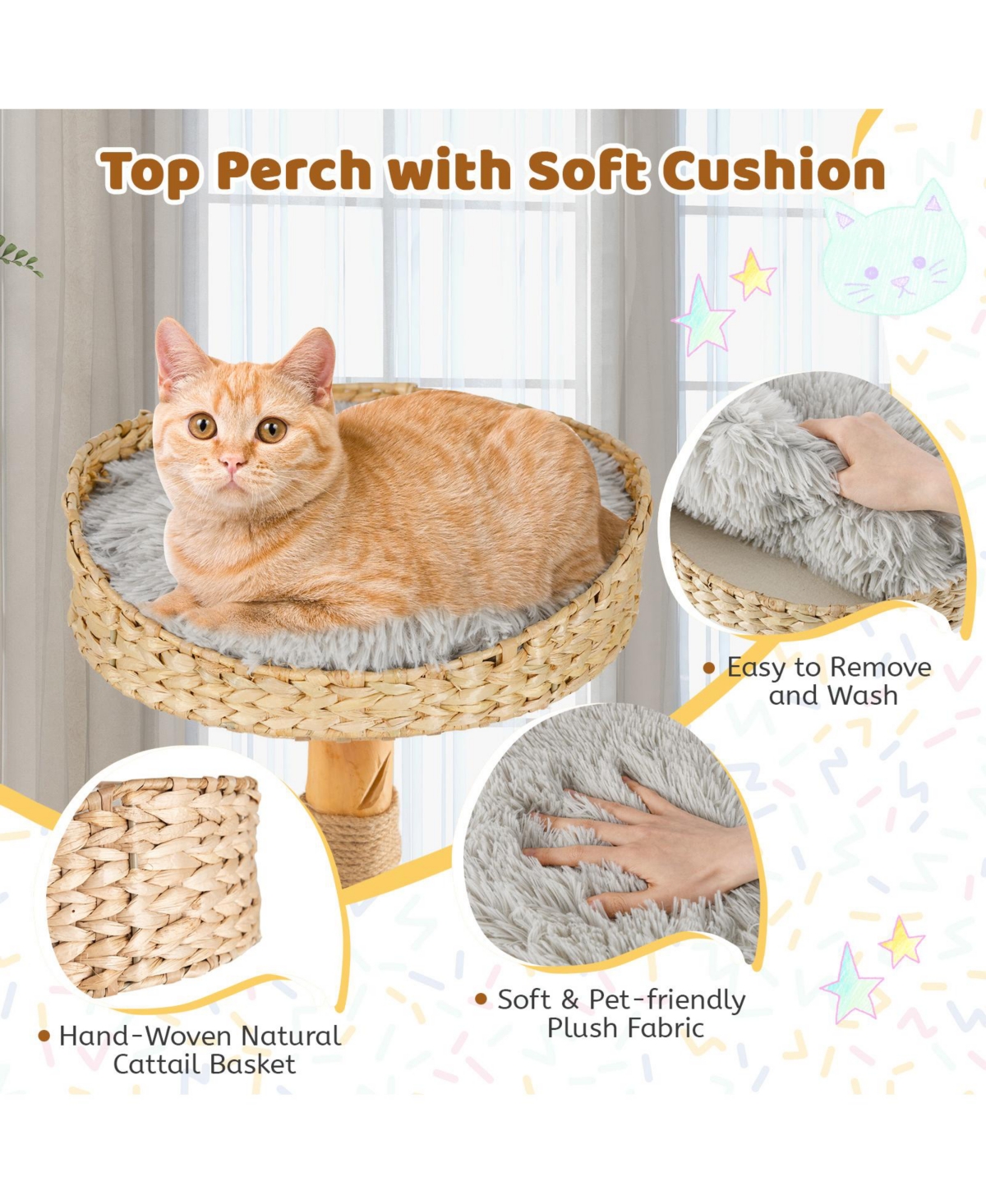 Gymax 49'' Tall Wooden Cat Tree Solid Wood Cat Tower w/ Jute Scratching Posts