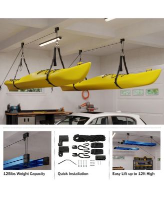 Kayak Hoist Set - Overhead Pulley System for 12-Foot Ceilings - 125lb Capacity Storage for Canoes, Bikes, Ladders, or Kayaks by (Black)