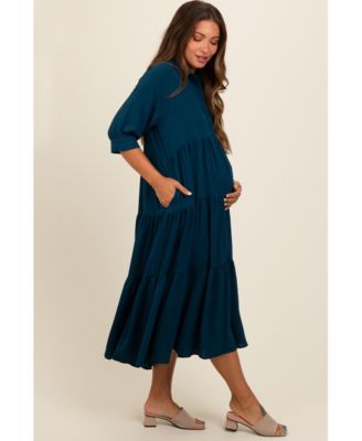 Maternity Dark Teal Collared Button Up Tiered Midi Dress