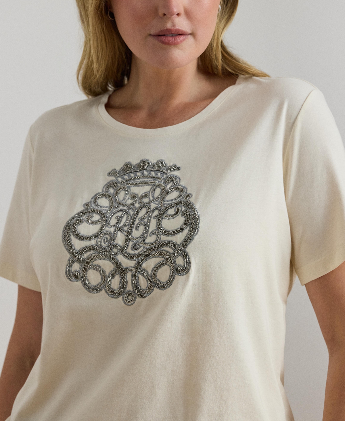 Ralph Lauren Plus Size Beaded-crest Cotton Jersey T-shirt In Brown