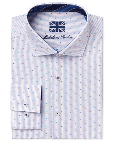 Michelsons of London Men's Slim-Fit Light Blue Stripe Dot Dress Shirt