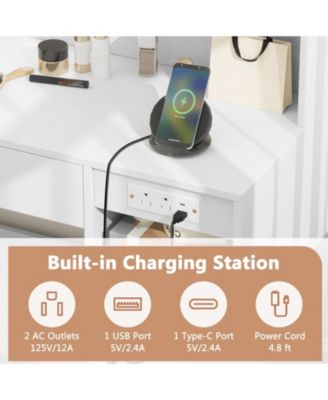 2Pc Built-in outlets Ample Storage Vanity Desk with Mirror and Lights