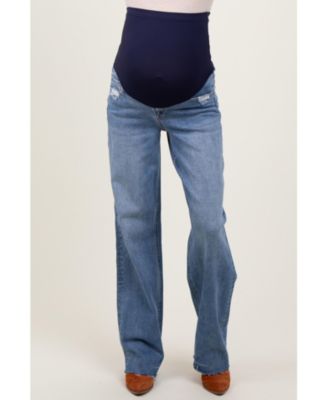 Maternity Blue Vintage Wash Raw Hem Wide Leg Jeans