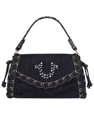 Studded Horseshoe Eyelet Denim Flap Bag