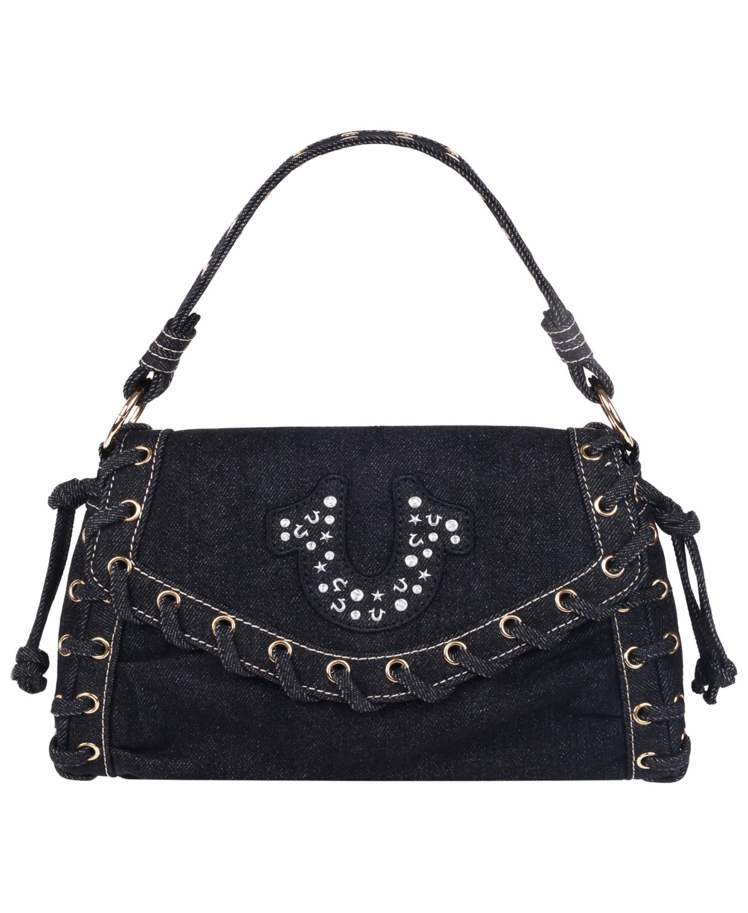Studded Horseshoe Eyelet Denim Flap Bag