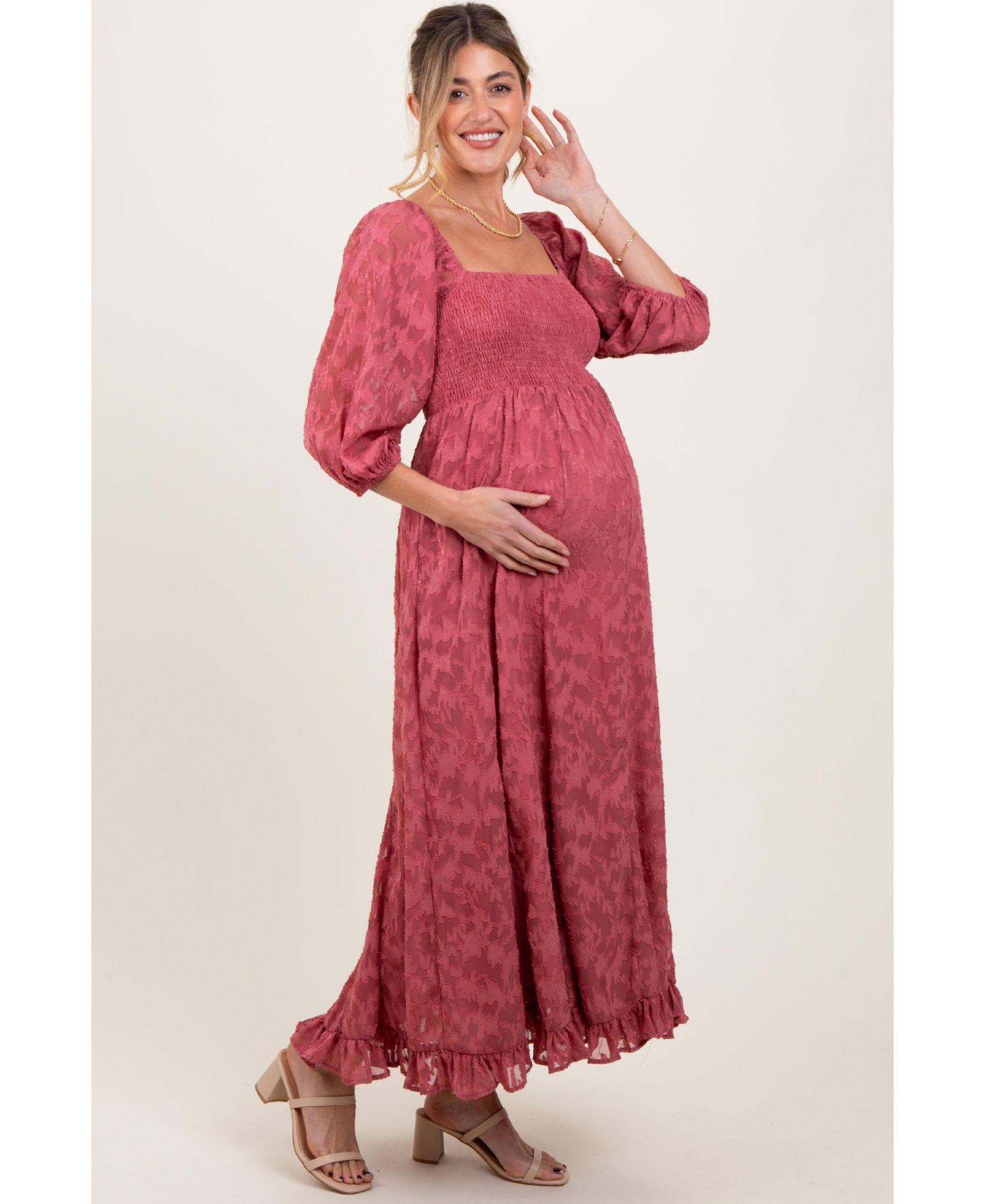 Women's Mauve Textured Overlay Smocked Ruffled Hem Maxi Dress