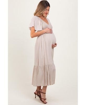 Cream Smocked Flutter Sleeve Midi Dress