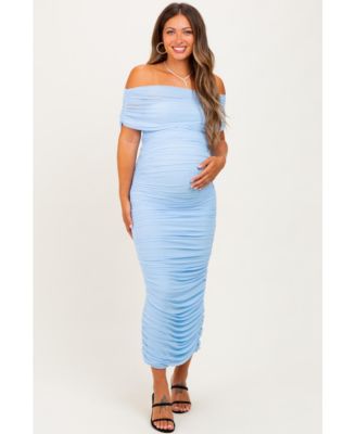 Maternity Lavender Ruched Mesh Foldover Off Shoulder Maxi Dress