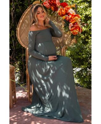 Maternity Pink Solid Off Shoulder Maxi Dress