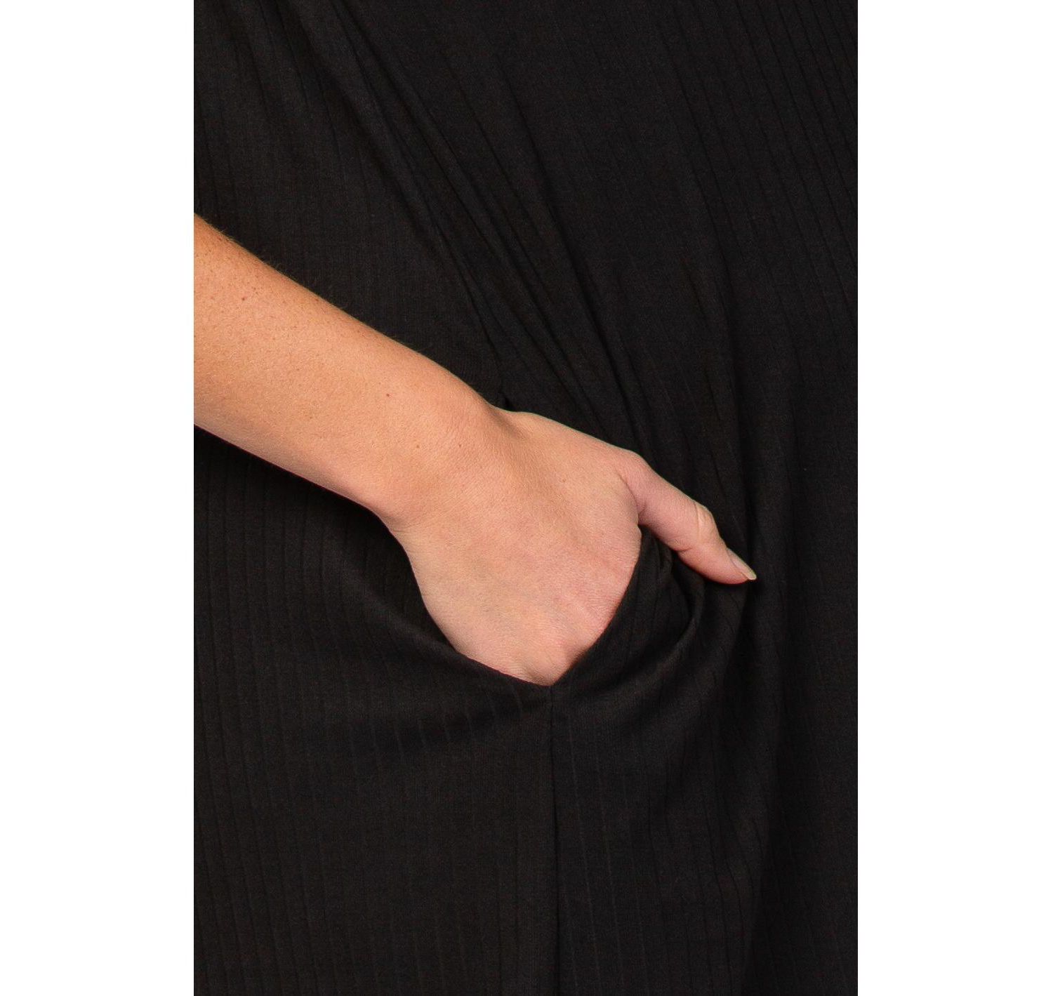 Women's Black Ribbed Curved Hem Midi Dress