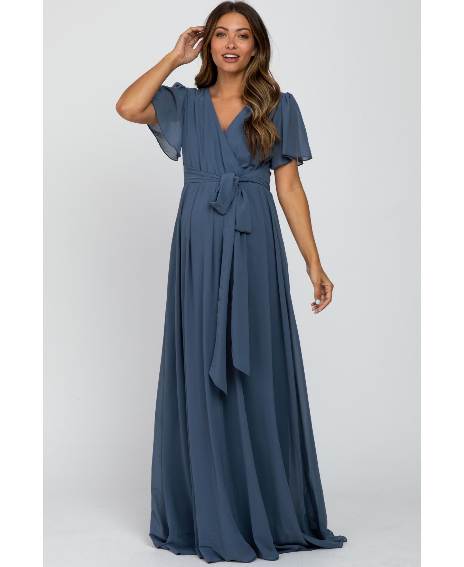 Women's Blue Chiffon Short Sleeve Maxi Dress