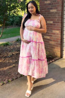 Maternity Floral Sleeveless Ruffle Tiered Midi Dress