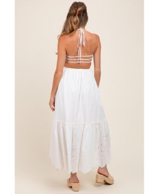 Maternity White Smocked Open Back Lace Hem Maxi Dress