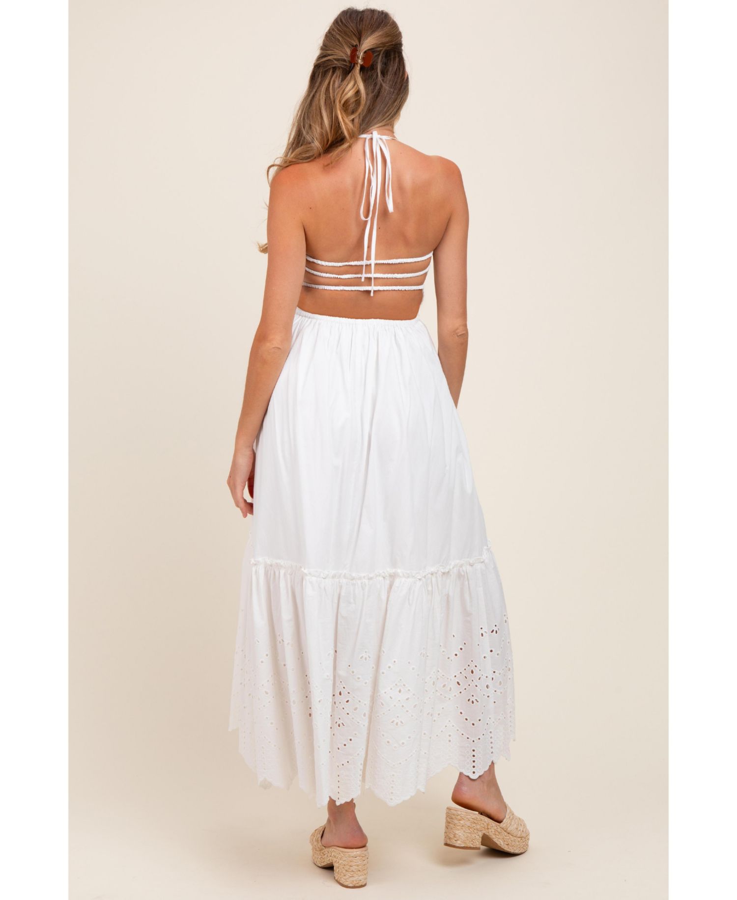 Women's White Smocked Open Back Lace Hem Maxi Dress