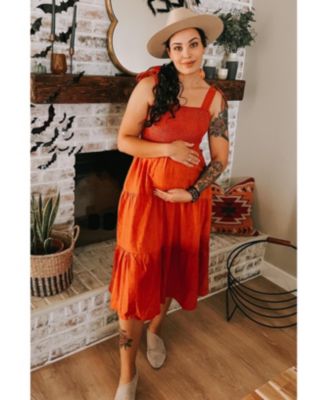 Maternity Rust Bow Strap Tiered Midi Dress