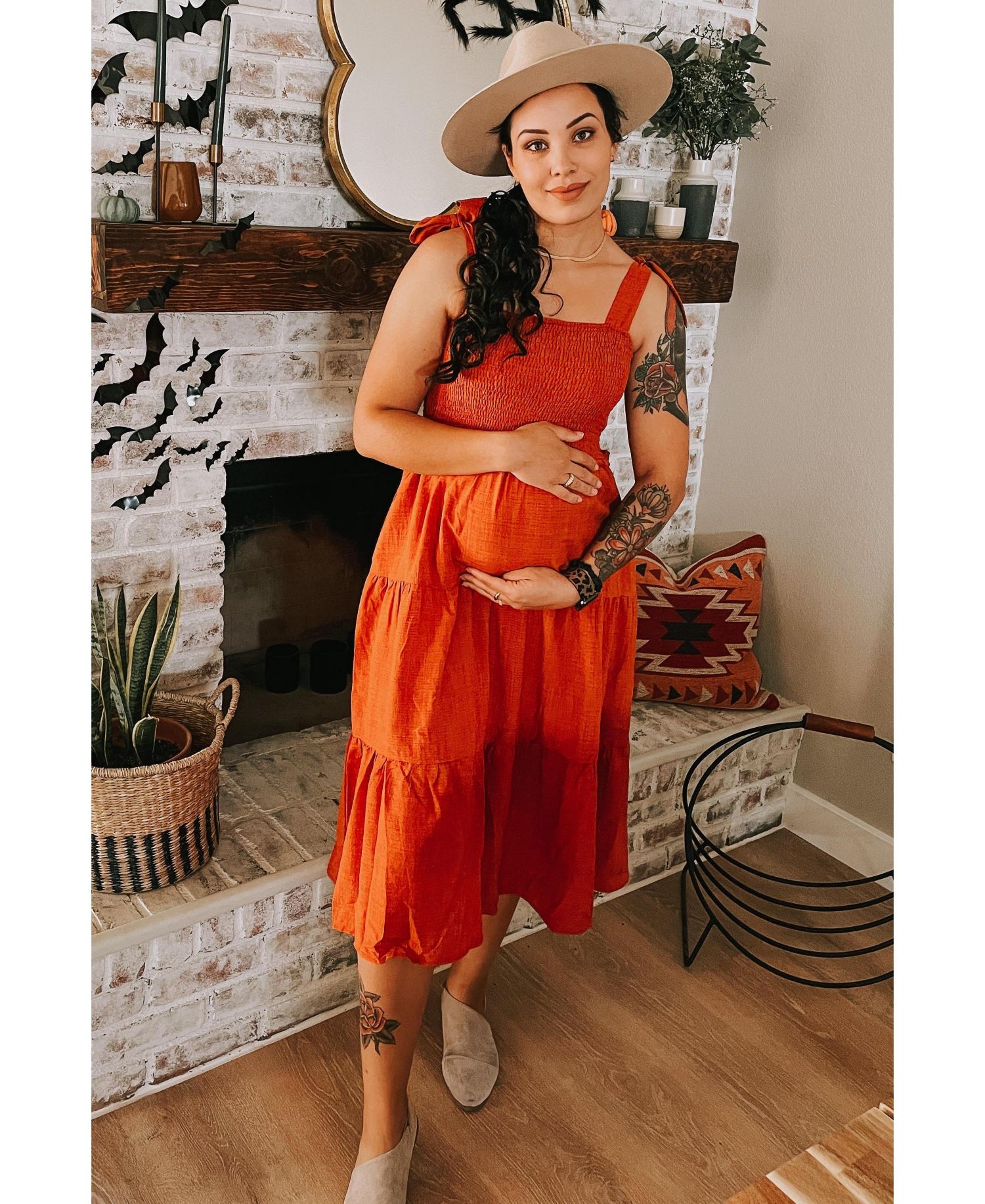 Women's Rust Bow Strap Tiered Midi Dress