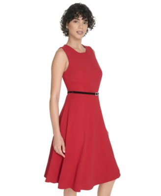 Women's Belted Fit and Flare Midi Dress