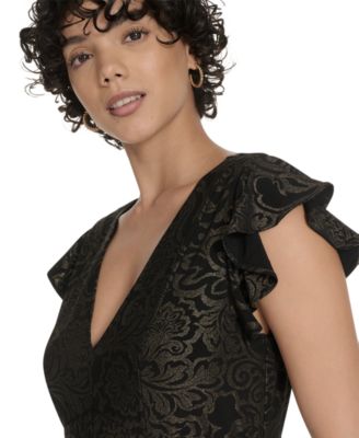 Women's V-Neck Tiered Hem Foil Midi Dress