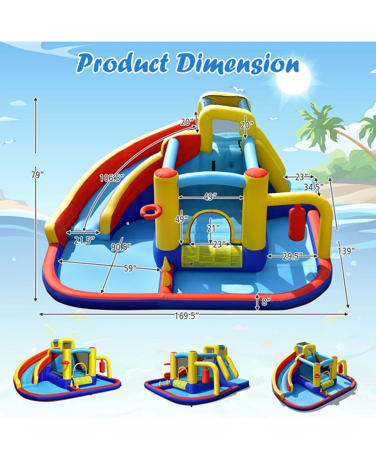 Gymax 7-in-1 Inflatable Water Slide Water Park Kids Bounce Castle With 735W Air Blower