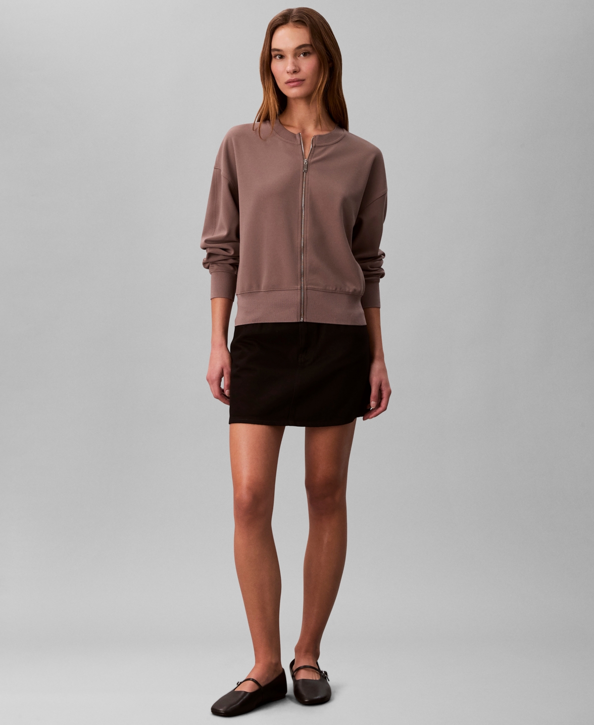 Calvin Klein Women's Crewneck Zip Front Cardigan Jacket In Brown