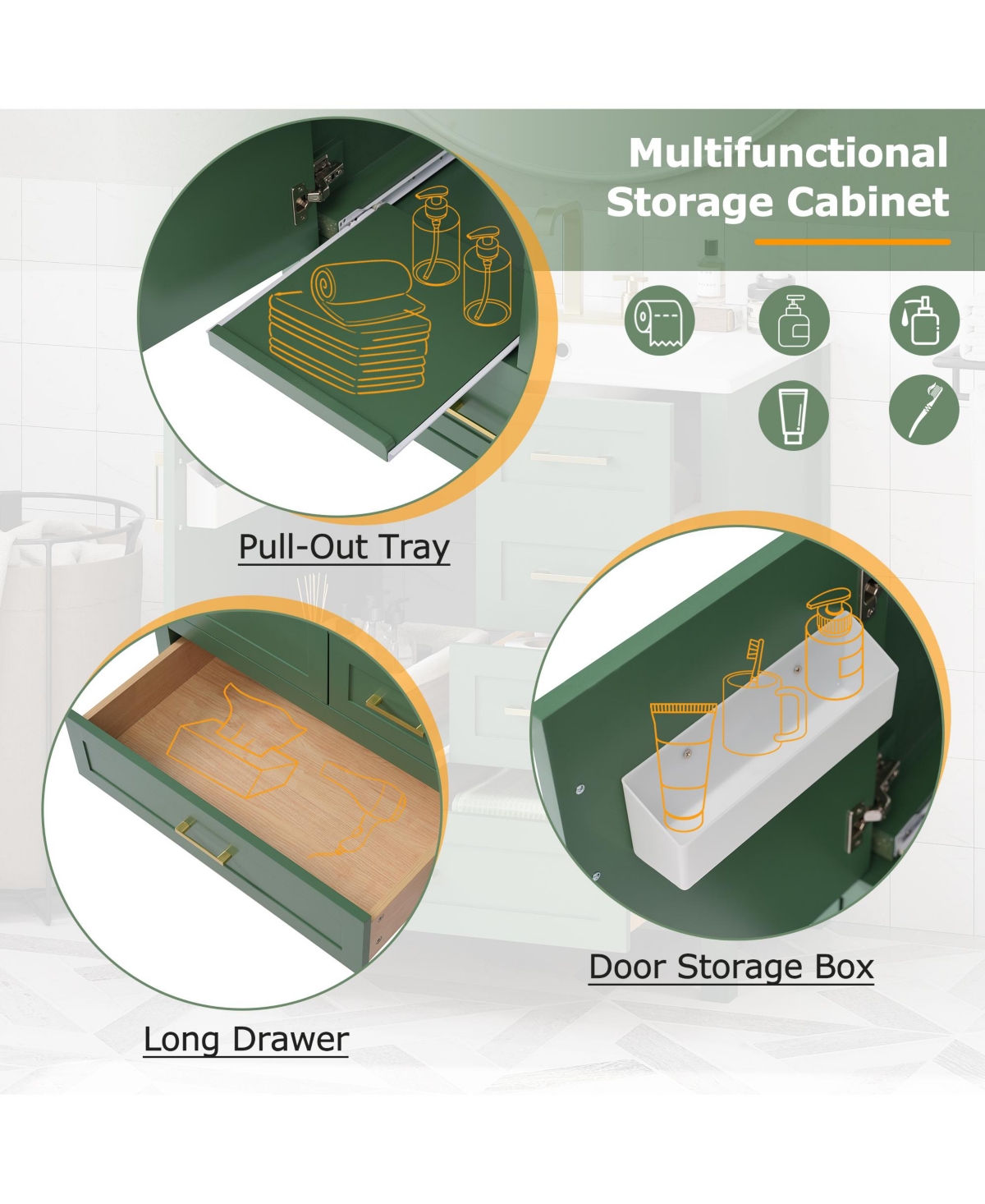 Lovmor 30inch Green Bathroom Vanity with Sink Combination Set Bathroom Storage Cabinet and Removable Tray Solid Wood Frame