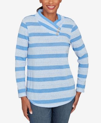 Petite Metallic Stripe Button Accent Knit Top