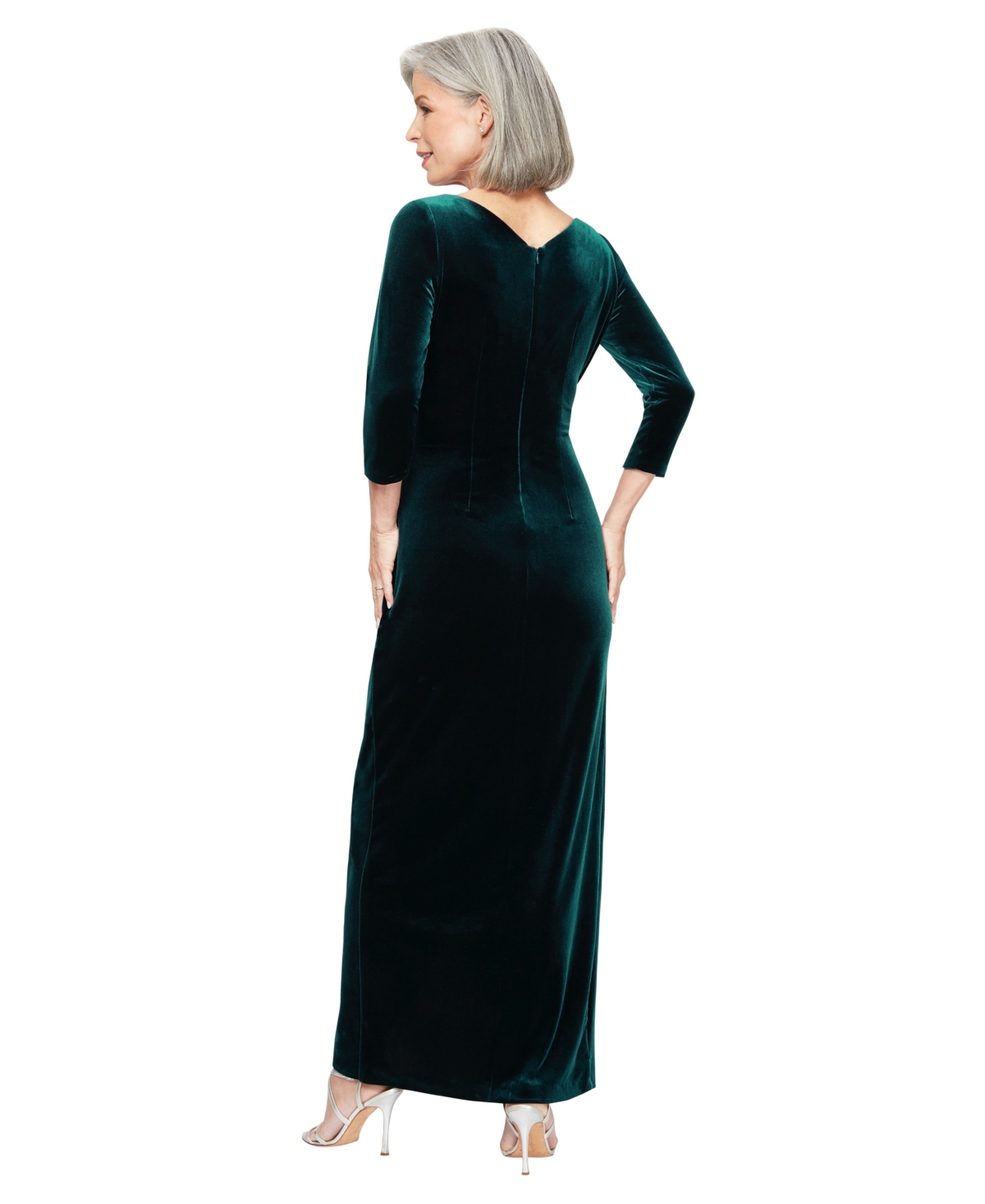 Alex Evenings Ruched Three-quarter Sleeve Velvet Gown In Green