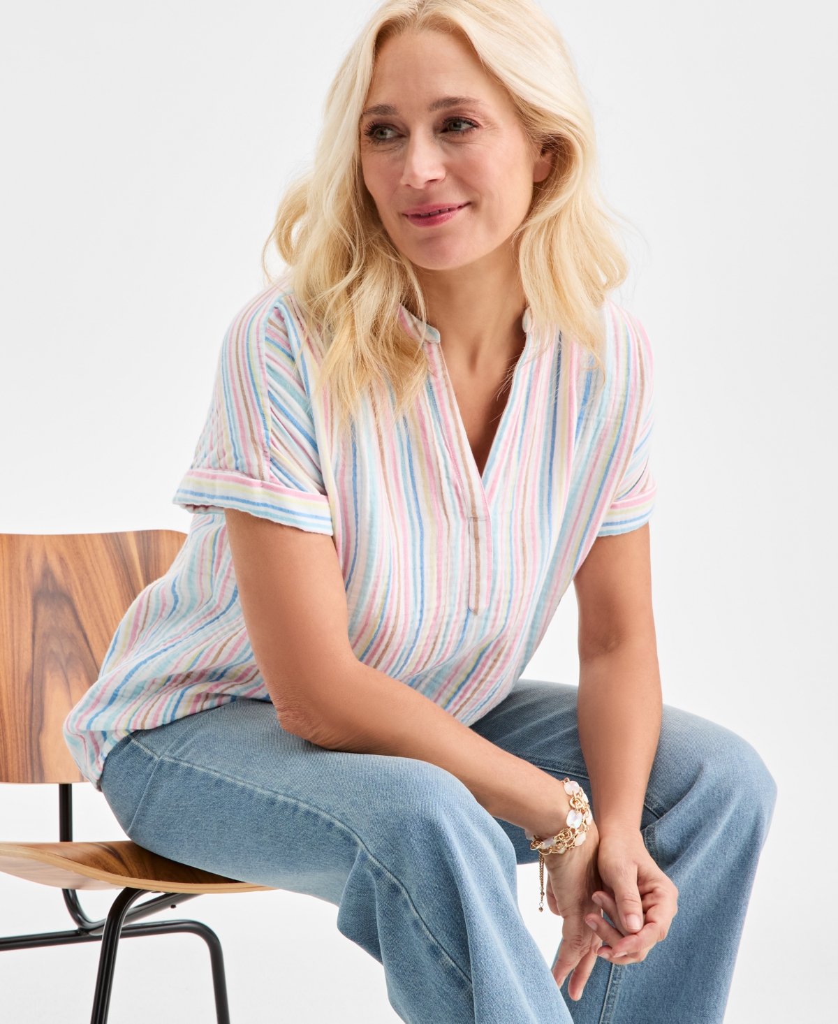 Style & Co Women's Cotton Gauze Split-neck Dolman-sleeve Shirt, Macy's Exclusive In Multi