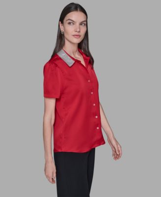 Women's Collar Rhinestone Embellished Short Sleeve Top