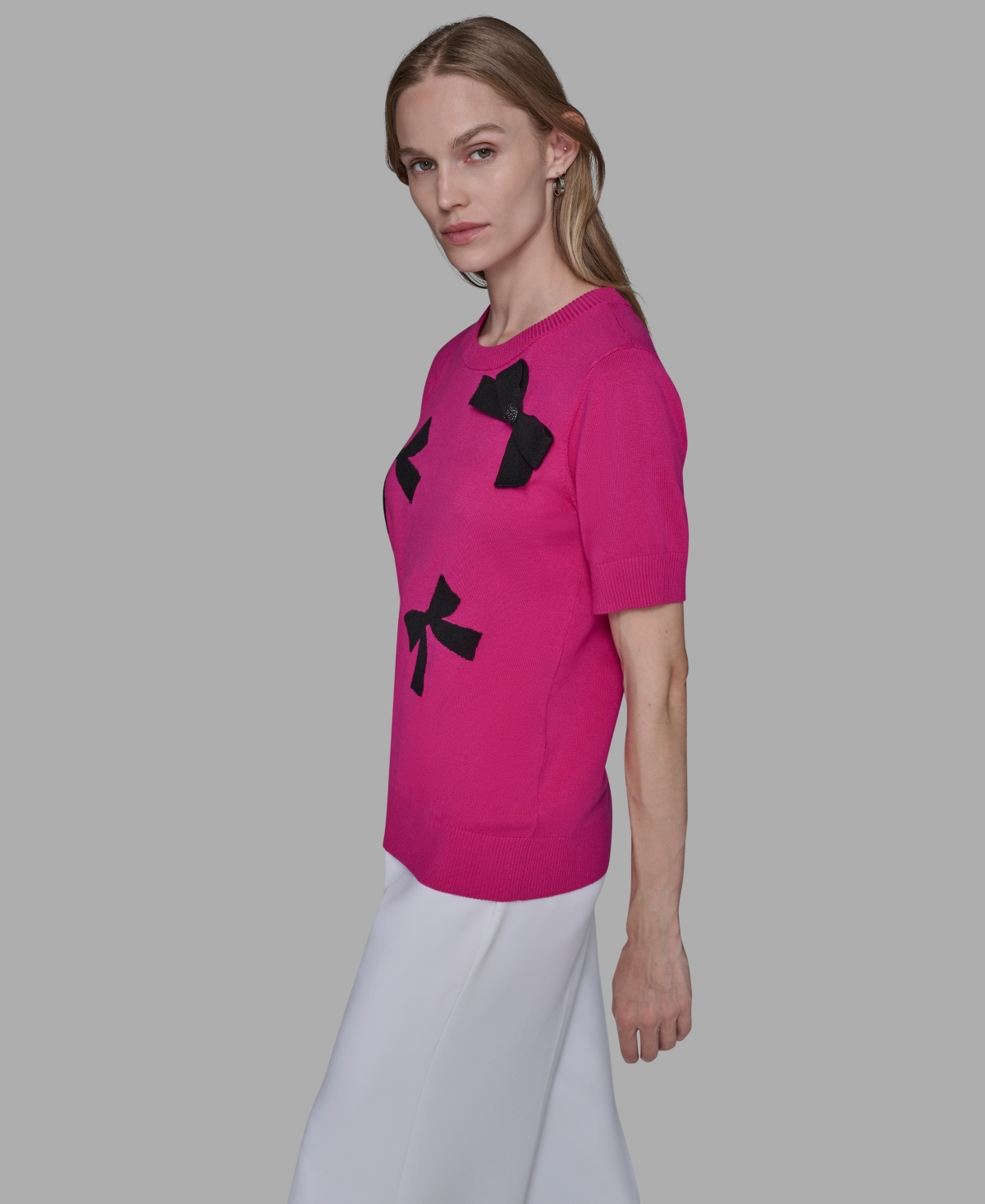 Karl Lagerfeld Womens Short Sleeve Bow Applique Detail Sweater P Xs Xl In Multi