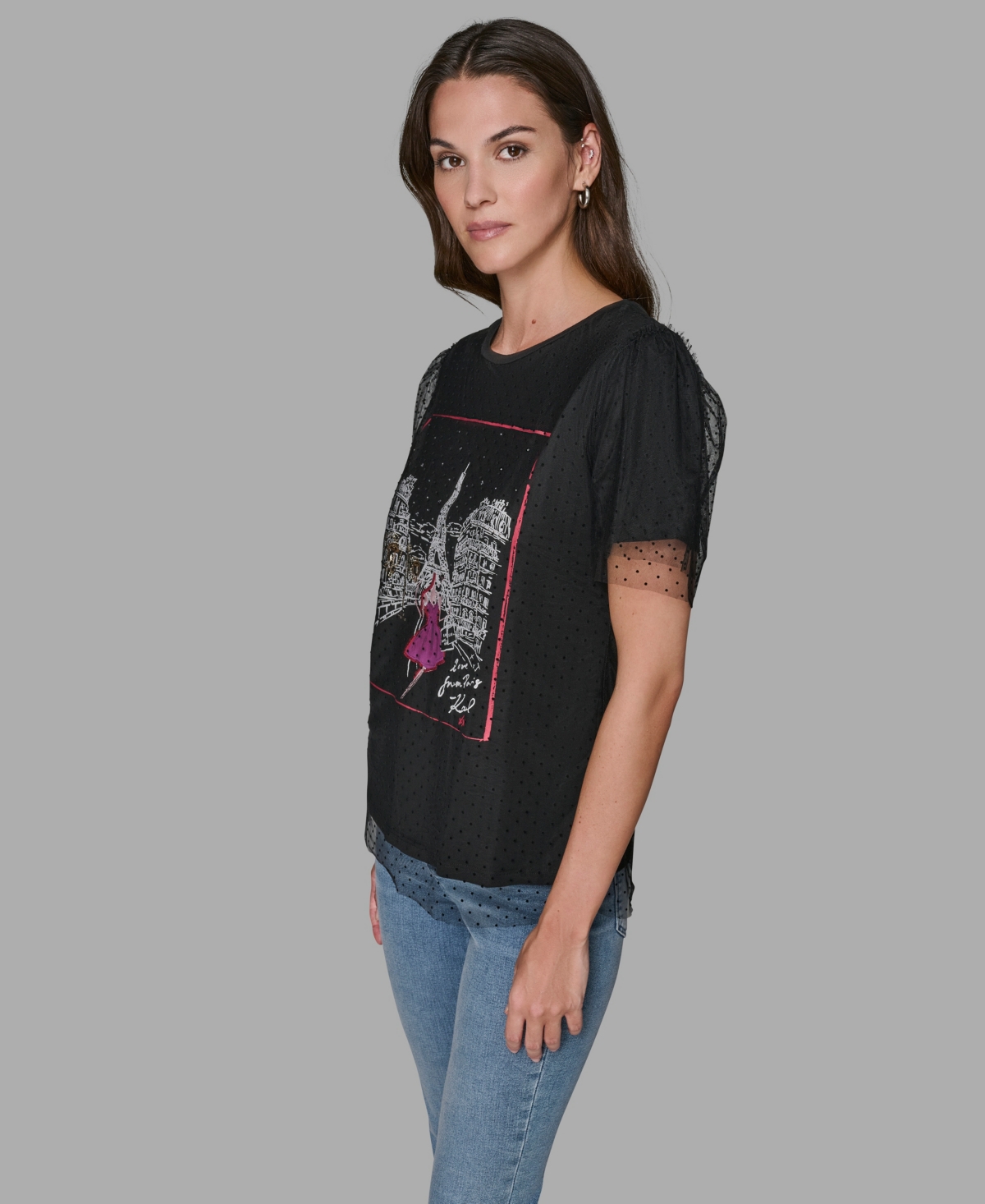Karl Lagerfeld Women's Crewneck Lace Layer T-shirt In Black