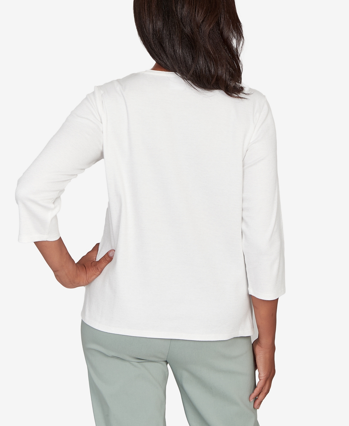 Alfred Dunner Stockbridge Snowflake Mother Of Pearl Studded Shimmer Top In White