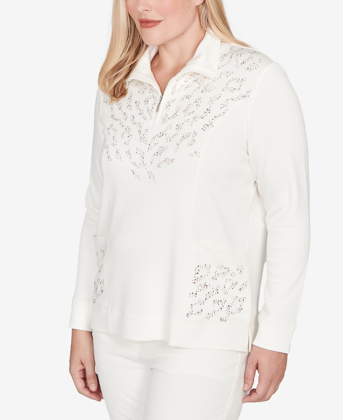 Alfred Dunner Vienna Metallic Studded Animal Pattern Knit Top In White