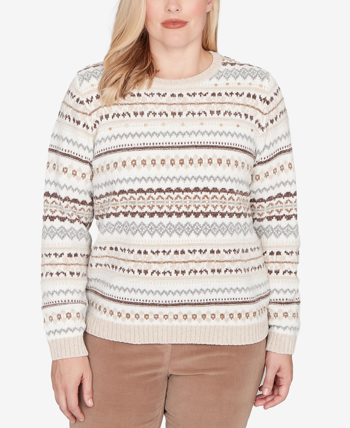 Alfred Dunner Vienna Geometric Biadere Striped Chenille Sweater In Brown