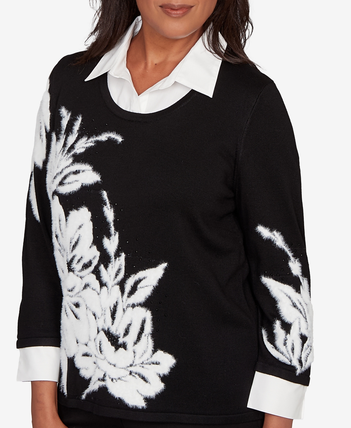Alfred Dunner Barcelona Dramatic Floral Two In One Sweater In Black