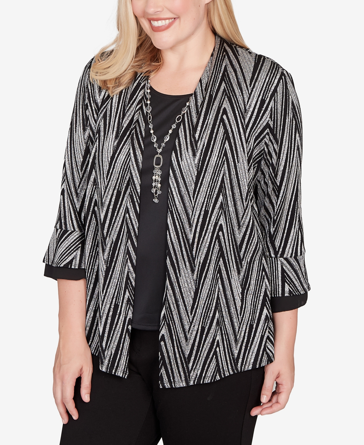 Alfred Dunner Plus Size Barcelona Metallic Chevron Two In One Top With Necklace In Multi