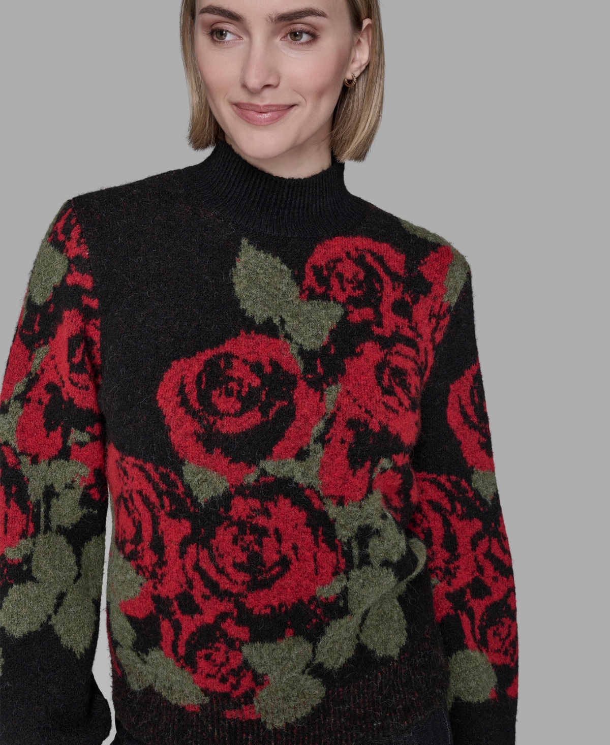 Karl Lagerfeld Paris Women's Mock Neck Rose Print Sweater
