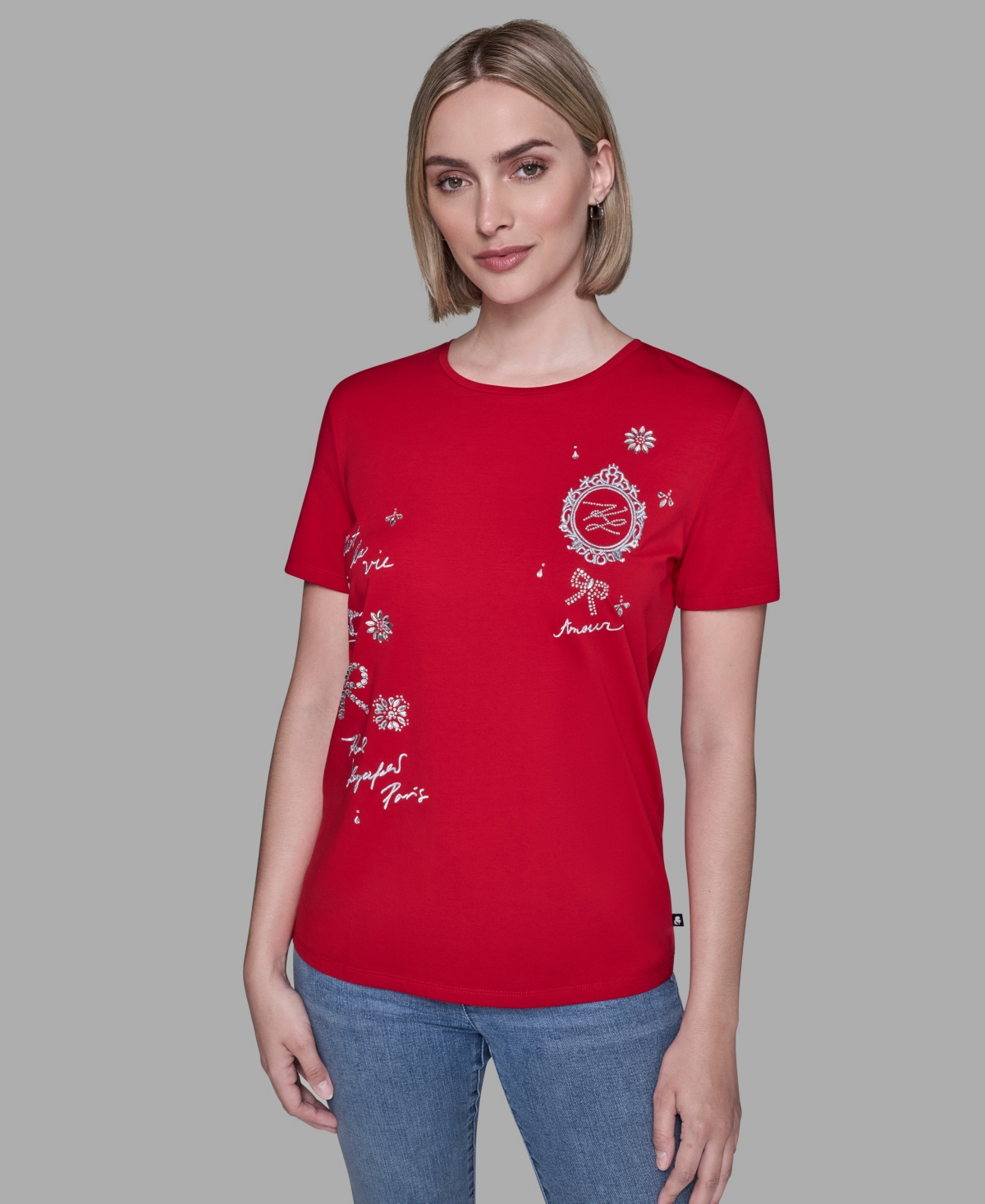 Karl Lagerfeld Women's Crewneck Embellished Icon T-shirt In Red