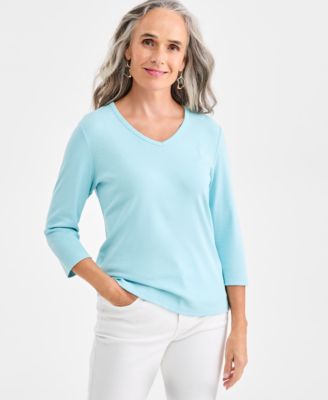 Women's Cotton 3/4-Sleeve V-Neck Tee, Created for Macy's