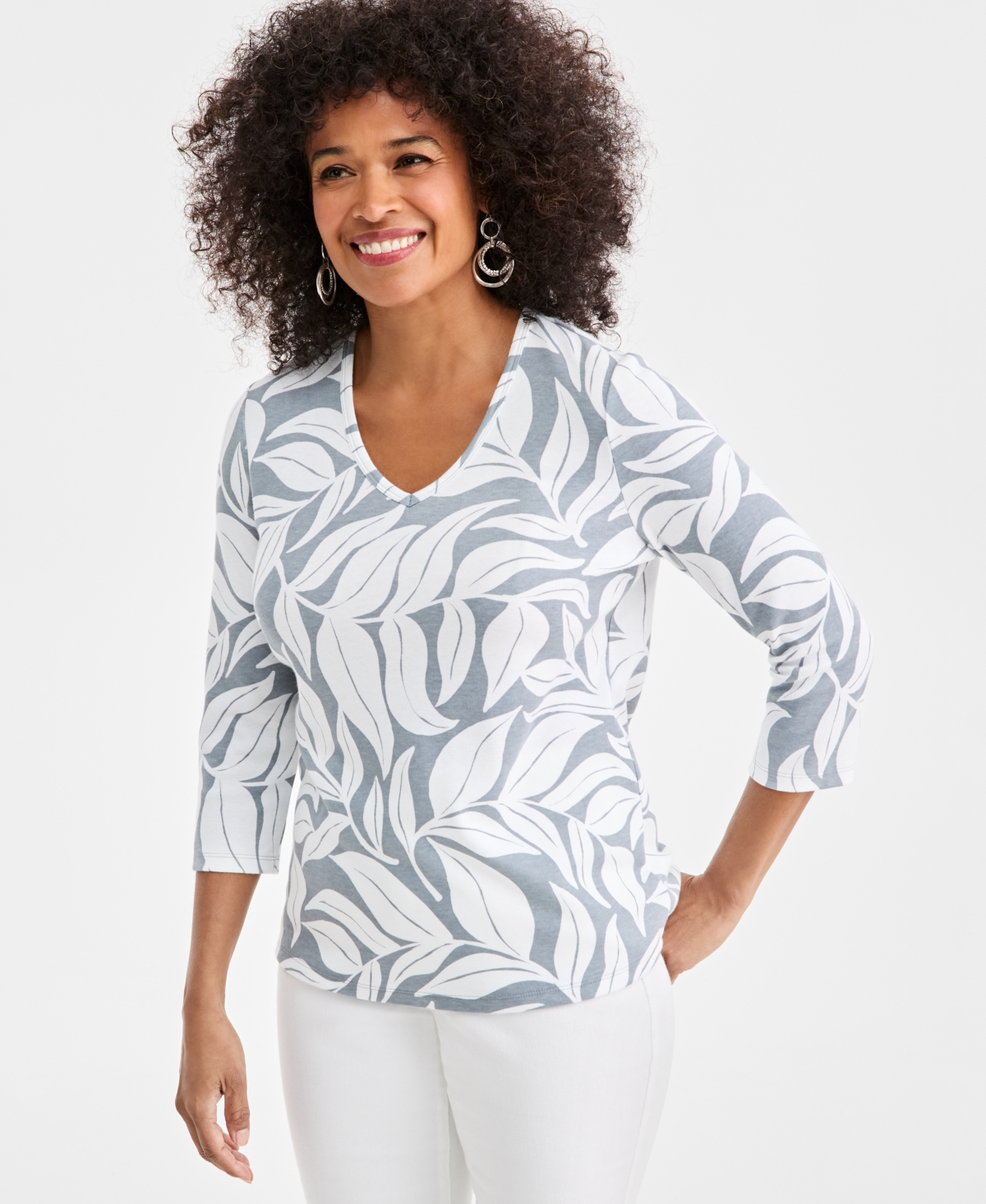 Style & Co Women's Printed 3/4-Sleeve V-Neck Top, Macy's Exclusive