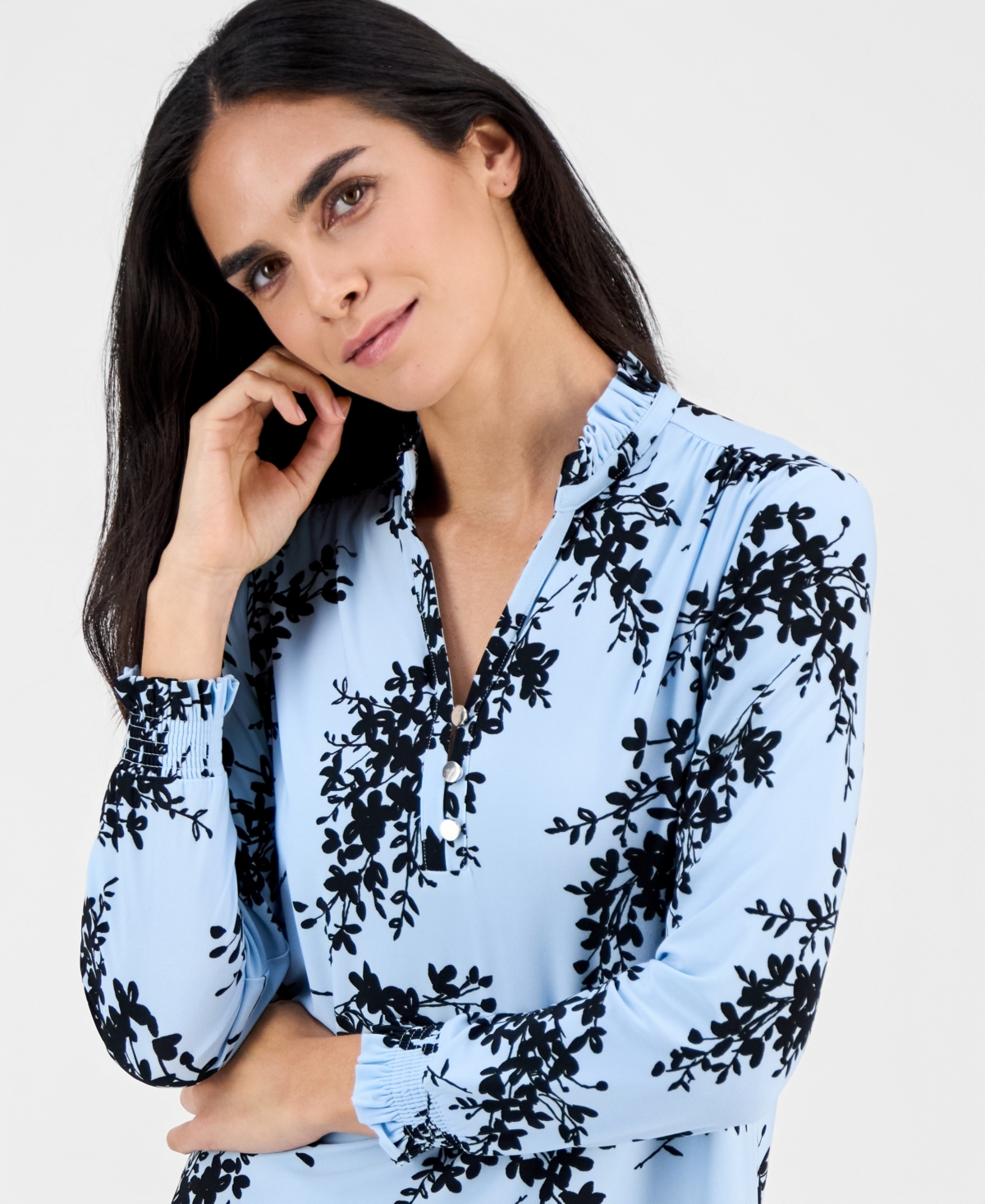 Ak Anne Klein Petite Ruffled-Neck Smocked-Cuff Top