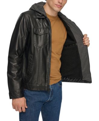 Men's Fleece Hood Faux Leather Jacket