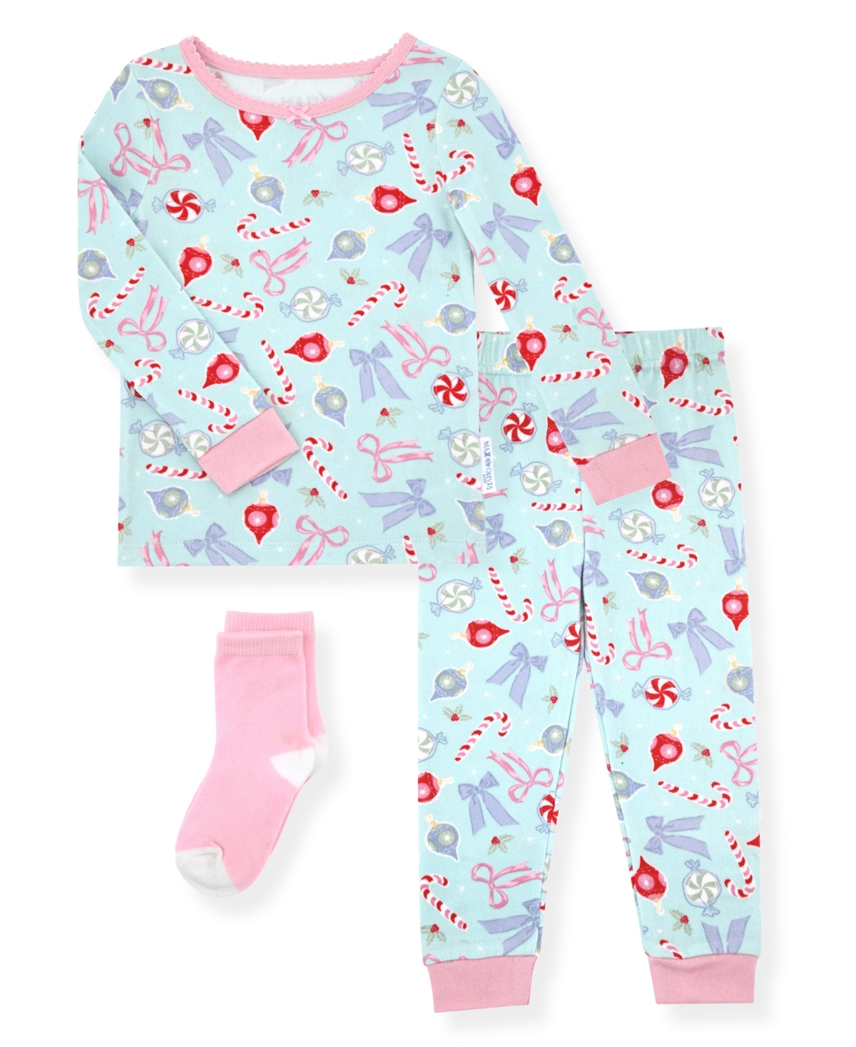 Max & Olivia 12M-5T Girls 3-Piece Snug Fit Holiday Long Sleeve T-Shirt, Pants and Socks Pajama Set