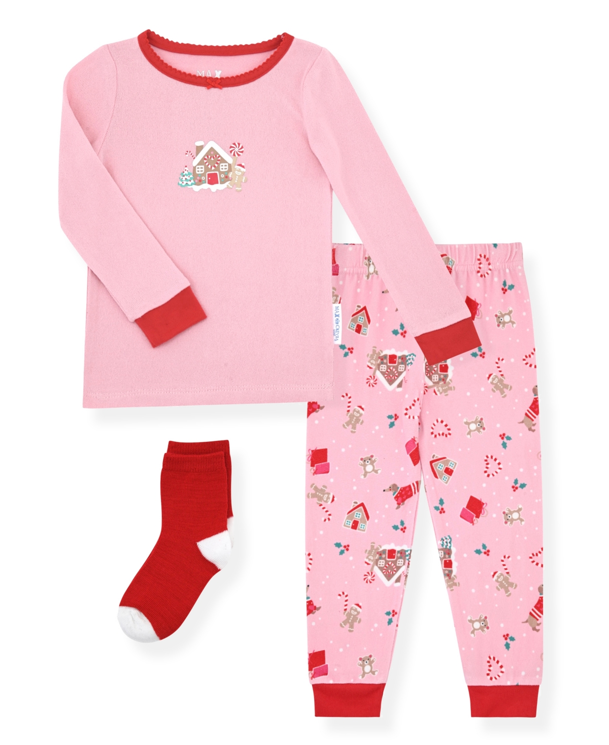 Max & Olivia 12M-5T Girls 3-Piece Snug Fit Holiday Long Sleeve T-Shirt, Pants and Socks Pajama Set